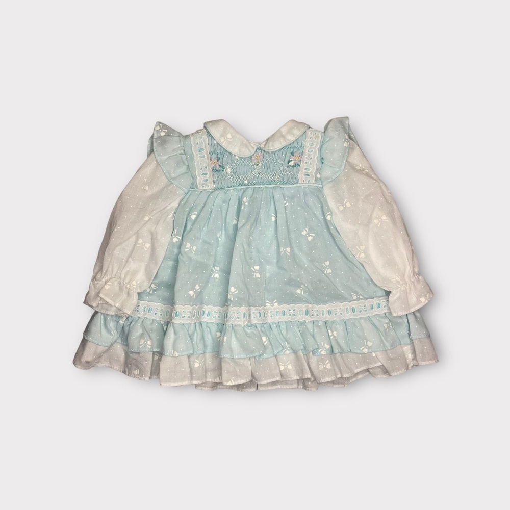 Polly Flinders Vintage Light Blue Smocked Bow Pattern Dress